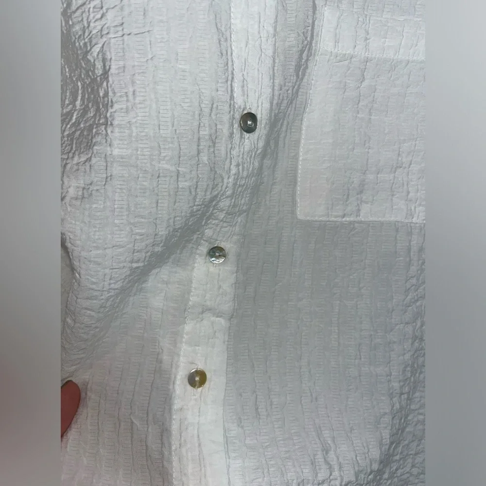 Pink Ripple White Flowy Real Shell Button Down Collared Blouse Size Small - Picture 10 of 14